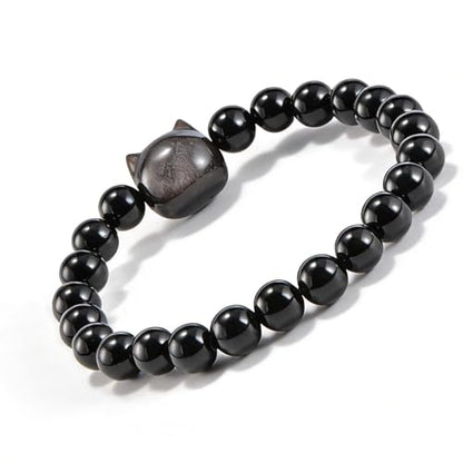 Agate Round Beaded Bracelet for Women Men Natural Agates Stone Healing Bracelets Stretch Elastic Handmade Polished Gemstone Beads Bracelet - color: Cat Black Obsidian, size: 8mm Beads
