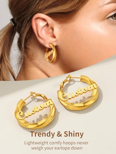 FindChic Twisted Hoop Earrings for Women, Silver/Black/14K Gold Plated Hypoallergenic Hollow Tube Rounded Loop Earrings, 30mm/40mm/60mm/80mm Hoops with Custom Name Options and Gift Box - color: f.Gold (Custom Name), size: 30MM