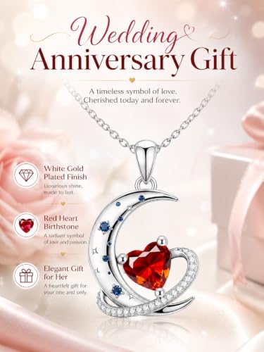 Birthstone Necklace for Women White Gold Moon and Star Pendant Moon Jewelry Anniversary Birthday Gifts for Mom Wife Her - color: 07. July - Ruby