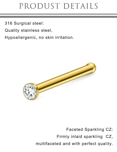 Hoeudjo Nose Studs Surgical Steel Cubic Zirconia Nose Rings Kit for Women Men Tiny Nose Stud Bone & Screw & L Shaped Nostril Piercing Jewelry 18/20/22/24 Gauge 10 Pieces - color: gold-tone,nose bone studs, size: 22g/1.5mm clear CZ