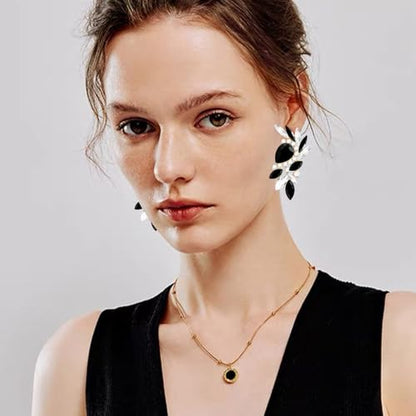 Bohemian Dainty Sparkly Crystal Teardrop Flower Dangle Drop Earrings Unique Lightweight Glitter Rhinestone Geometry Floral Stud Earrings For Women - style: Black