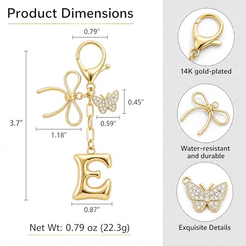 Gold Bubble Heart, Cherry, Bow & More Designs Letter Initial Keychain Bag Charms – Cute Purse Charms for Handbags - color: Bow & Butterfly, style: E