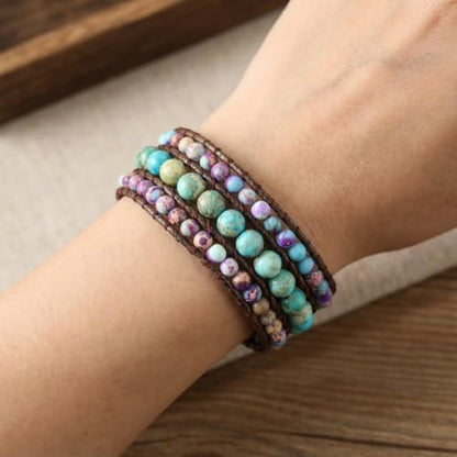 YGLINE Boho Handmade Natural Stone Bead 3 Row Wide Wrap Wrist Statment Bracelet Jewelry Collection - color: Regalite