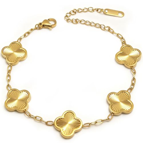 Four Leaf Clover Bracelet 18K Gold Plated Bracelets for Women Lucky Flower Design Stainless Steel Hypoallergenic Link Chain Adjustable Dainty Trendy Jewelry Gifts for Women - color: Gold