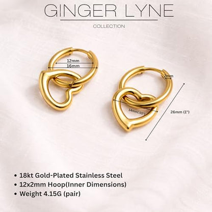 Open Heart Charm Hoop Earrings for Women by Ginger Lyne | 18K Gold Plated Stainless Steel Lightweight 12mm Classic Round Clicker for Lobe Cartilage Piercing Body Jewelry for Her - color: Gold Tone
