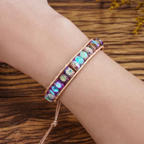 Plumiss Women Boho Handmade Natural Stone Crystal Leather Bead Wrap Bracelets Collection - style: Purple Blue Jasper 1W