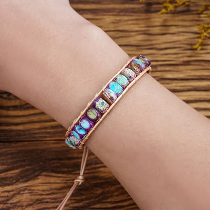 Plumiss Women Boho Handmade Natural Stone Crystal Leather Bead Wrap Bracelets Collection - style: Purple Blue Jasper 1W