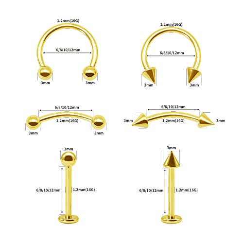 BLISI G23 Solid Titanium Eyebrow Piercing Jewelry, Gold Black Rose Gold Silver Pink Rainbow Eyebrow Rings 16G Curved Barbell,Tiny Vertical Labret Lip Jewelry Rook Piercing Jewelry for Women and Men - color: Gold 2
