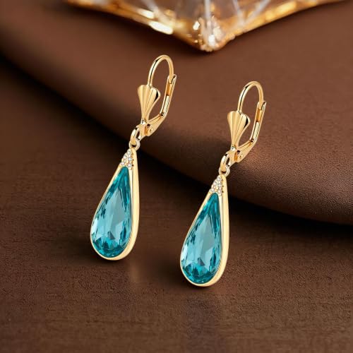 Teardrop Austrian Crystal Leverback Dangle Drop Earrings for Women | 14K Gold Plated,Classic Teardrop Elegance,Leverback for Easy Secure Wear,Gift Box Included, Brighten Up Daily and Party Looks - color: Aquamarine