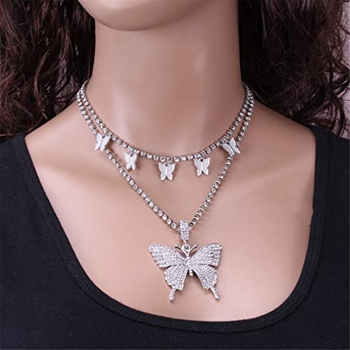 2Pcs Layered Hip Hop Shiny Rhinestone Bead Chunky Chain Butterfly Pendant Necklace Punk Crystal Cuban Link Chain Choker Collar Necklace for Women Party Birthday BarJewelry Gift - color: D silver choker