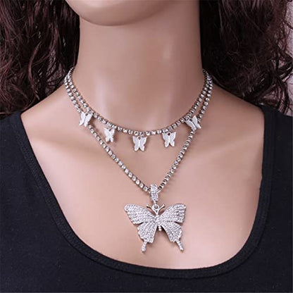 2Pcs Layered Hip Hop Shiny Rhinestone Bead Chunky Chain Butterfly Pendant Necklace Punk Crystal Cuban Link Chain Choker Collar Necklace for Women Party Birthday BarJewelry Gift - color: D silver choker