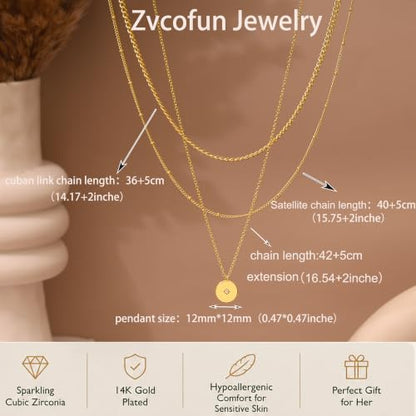 Layered Necklaces for Women, Simple Gold Necklace Stack Dainty 14K Gold Plated CZ Disc Pendant Necklace Set Non Tarnish Gold Jewelry Gifts - color: Gold-Cuban+Bead+Star