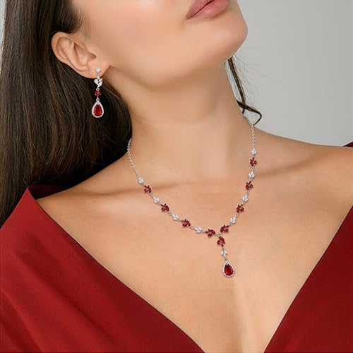 Teardrop Marquise Cubic Zirconia Wedding Prom Jewelry Set for Women Bridal | Silver/Gold/Rose Gold Plated, Pear Cut Pendant Necklace Drop Earrings Link Bracelet, for Bride Bridesmaid, for Banquet Party - style: A_Three Set, Red