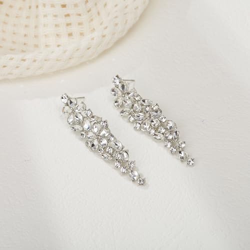 EleQueen Statement Sparkle Crystal Necklace Bracelet Dangle Earrings Set for Women, Art Deco Prom Chandelier Jewelry for Wedding Bridal - color: White-Silver-Plated-Base