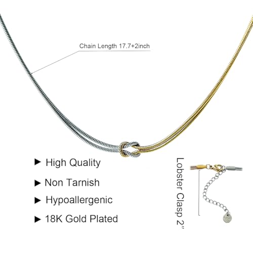 Knot Necklace for Women Two Tone Snake Chain Twisted Link Necklace | 18K Gold Silver Layered Necklaces Dual Color Mixed Double Layer Chain Necklace
