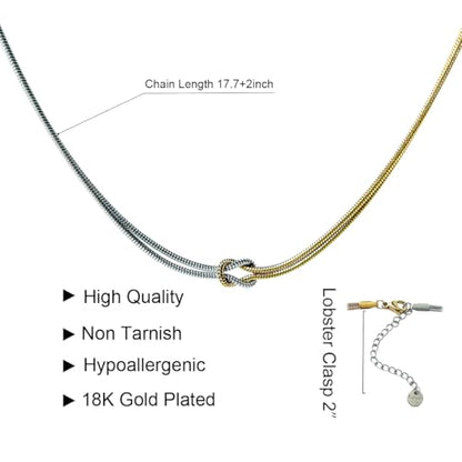 Knot Necklace for Women Two Tone Snake Chain Twisted Link Necklace | 18K Gold Silver Layered Necklaces Dual Color Mixed Double Layer Chain Necklace
