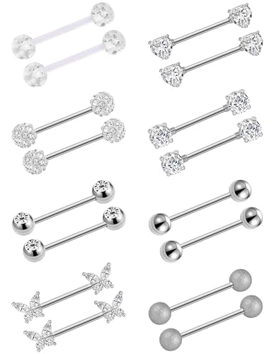 Akeoqi 8 Pairs Nipple Rings Tongue Ring 14G Stainless Steel CZ Ball Heart Butterfly Nipple Straight Barbells Body Piercing Jewelry for Women Men Silver Rose Gold Plated 14mm - color: B:Silver, size: 14mm