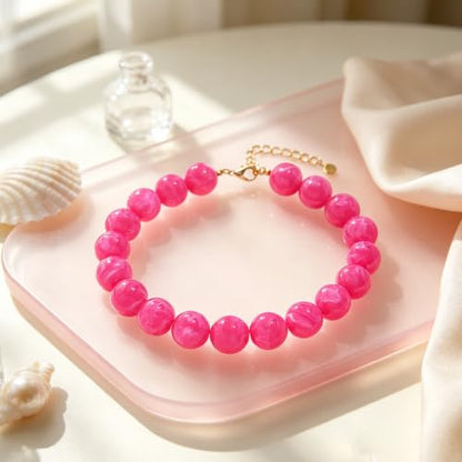 Chunky Necklaces for Women Trendy 20MM Large Resin Beaded Necklace Bold Statement Chunky Choker Necklace Boho Beads Summer Beach Jewelry - color: Magenta