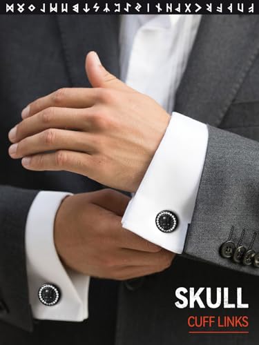 FaithHeart Mens Cufflinks, Norse Viking Tuxedo Shirt Cuff Links, Stainless Steel Cuff Links and Shirt Studs, Gift Box - style: 05. Skull CZ-Black