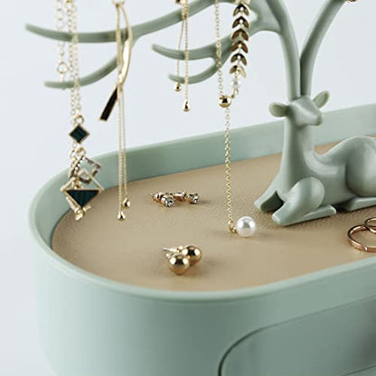 MORE&LESS Antlers Jewelry Display Stand with Drawer and Crystal Handle, Tree Tower Rack Hanging Organizer for Ring Earrings Necklace Bracelet - color: C Matcha Green-Drawer-Crystal Handle