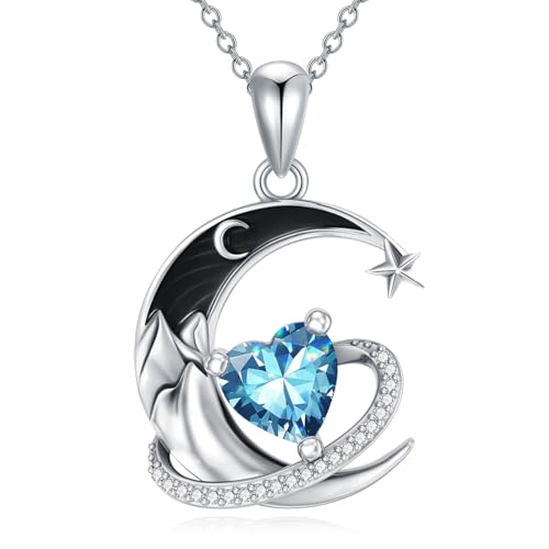 I Love You to the Moon and Back Necklace 925 Sterling Silver Black Crescent Moon Star Pendant with Heart Birthstone Necklace Anniversary Gothic Jewelry Gifts for Women Wife Lovers - color: 12-Dec-Topaz