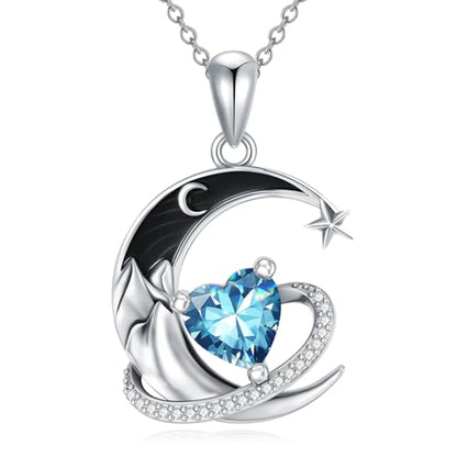 I Love You to the Moon and Back Necklace 925 Sterling Silver Black Crescent Moon Star Pendant with Heart Birthstone Necklace Anniversary Gothic Jewelry Gifts for Women Wife Lovers - color: 12-Dec-Topaz