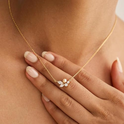 Pearl Necklaces for Women Trendy, Dainty Beaded Choker Necklace, 14K Gold Plated Station Chain, Simple Layering Wedding Prom Jewelry Gift - color: Gold Daisy CZ Pearl