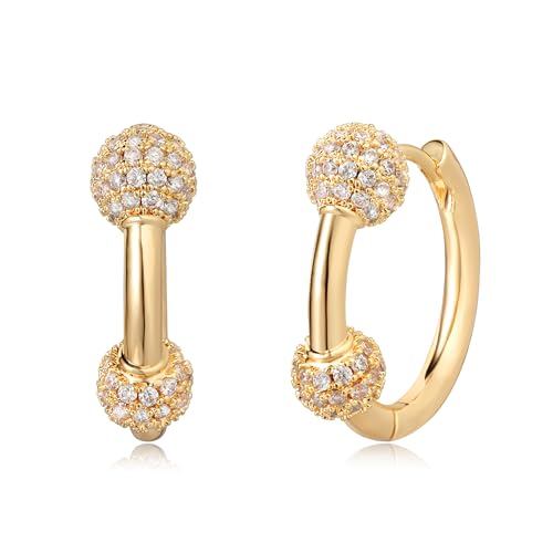 Huggie Hoop Earrings 14K Gold Plated Cubic Zirconia Dainty Simple Cute Beads Elegant CZ Circle Small Hoop Earring for Women Minimalist Handmade Hypoallergenic Jewelry - color: Balls-2
