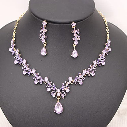 3Pcs Austrian Crystal Jewelry Set for Women, Necklace Dangle Earrings Link Bracelet Jewelry Set with Gold/Platinum/Gun Plated, Wedding Party Jewelry for Bridal Bridesmaid - color: Violet-Gold Plated