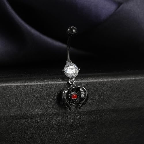 14G Surgical Stainless Steel Dangle Belly Button Rings for Women Belly Ring Dangling Piercing Jewelry CZ Snake lizard Skull Spider bat Halloween Party Punk Rock - style: Winged Skull