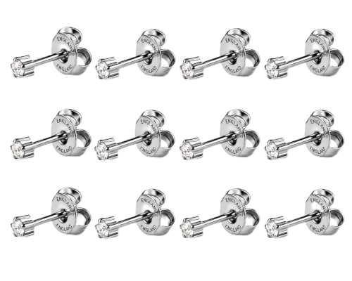 Caflon 12 Pairs April Birthstone Stud Earrings - Clear Crystal Clawset Studs, 3mm/4mm/5mm | 24K Gold Plated Stainless Steel | Hypoallergenic Nickel-Safe for Sensitive Ears | Bulk Value Pack & Gift - color: Stainless Steel, size: 3mm