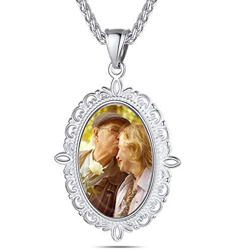 Custom4U Personalized Photo Necklace - Custom Heart/Oval/Round Charm Necklaces with Picture + Chain Adjustable - Stainless Steel/Acrylic Pendant Memorial Jewelry Christmas Gifts for Women - color: E-Silver Color