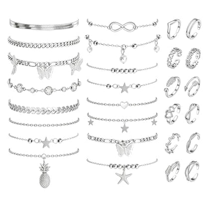 23 Pcs Ankle Bracelet and Toe Ring Set for Women Silver Gold Layered Anklets Foot Chains Adjustable Open Toe Rings Summer Foot Jewelry - style: 23S
