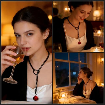 Slip Chain Choker for Women Handmade Black Stainless Steel Cuban Chain Chunky Moon Bat Raven Skull Pendant Gothic Punk Rock Collar Adjustable Lariat Y Necklace for Men - style: Red bell