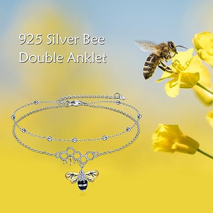 YAFEINI Anklet Bracelets for Women Girls Sterling Silver Hummingbird/Dragonfly/Butterfly Link Chain Anklets Jewelry Gifts - color: Layered bee anklets