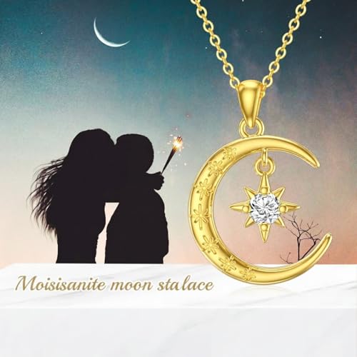 Moissanite Moon and Star Necklace 925 Silver Birthstone Gifts for Women | Sterling Silver Sun and Moon Pendant Elegant Jewelry Birthday Gifts for Wife Mom - color: A1:Moon and Star-Moissanite