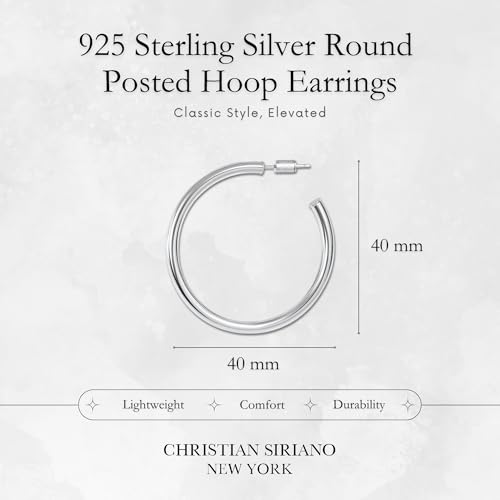 18K Gold Plated Sterling Silver Earrings for Women – Pure & Polished, Twist, Square, Hinged Tube, Abstract & Heart Shape Hoops – Lightweight, Hypoallergenic, Non-Tarnish Jewelry (Sizes: 3x35mm-46x30mm) - color: Silver, size: Polish Hoop (3x40mm)