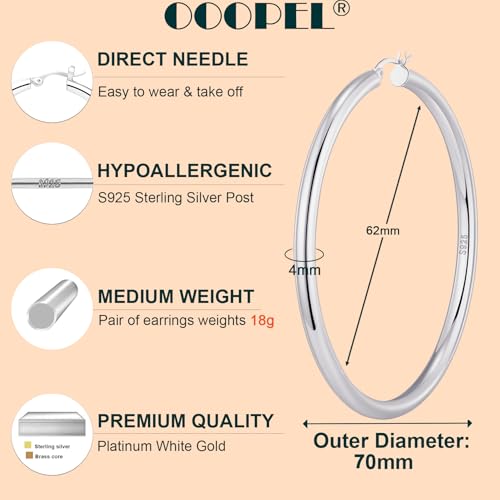 4mm Thick Gold Chunky Earrings Steling Silver Post Hoops Earrings For Women Hollow Tube Hoops Earrings Thick Gold Hoop Earrings Hypoallergenic Lightweight Gold Hoop Large Earrings 20/30/40/50/60MM - color: Silver,70mm