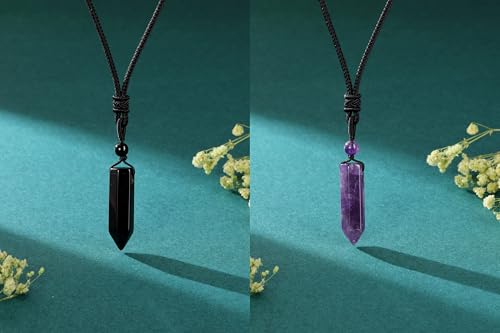 Top Plaza Healing Crystal Stone Necklaces for Men Hexagonal Pendant Necklaces Adjustable Braided Rope Natural Gemstone Necklace Jewelry Christmas Gift for Dad, Husband - color: 2pcs-Amethyst+Black Obsidian