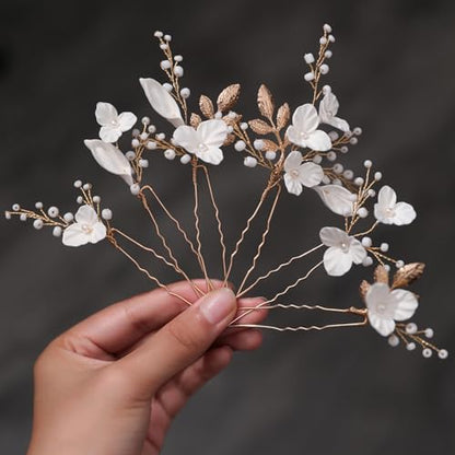 Beads Pearl Hair Pins, 6 Pcs Bridal Handmade White 3D Pinch Flower Fairy Bride Wedding Hair Pieces Leaf U Shaped Hair Accessories Headpiece Bridesmaids Women Girls Gold - color: Gold / Beads White Flower