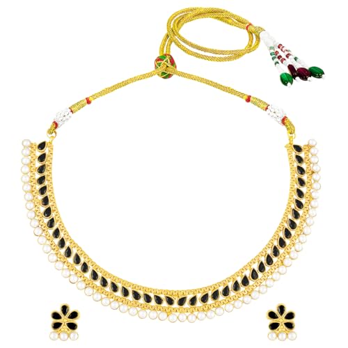 Aheli Ethnic Faux Kundan Pearl Fancy Bridal Choker Necklace Indian Traditional Bollywood Jewelry Set with Earrings Gift for Women - color: Blue