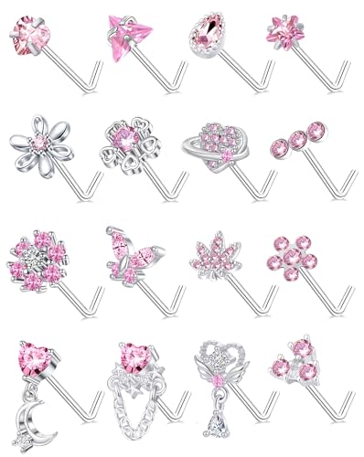 Tornito 16Pcs Nose Rings L Shaped Nose Stud Stainless Steel Butterfly Flower Leaf Heart Moon Dangle Nose Stud Ring Body Piercing Jewelry for Women Men 20G Pink Blue Clear CZ - color: A: Pink