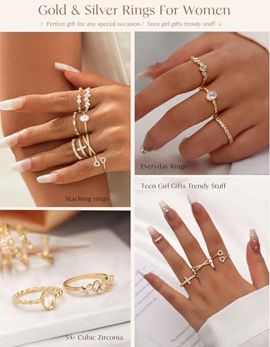Gold Silver Rings For Women Non Tarnish Gold Plated Stackable Rings Wedding Engagement Bands Dainty 14K Gold Ring Simple Trendy Cubic Zirconia Thumb Stacking Ring Pack Size 4-11 - color: Gold