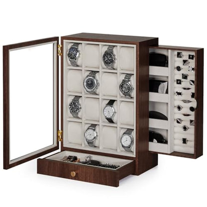 Homde Wooden Watch Box for Men: Display Case with 16 Slots | Organizer for Watches Glasses Jewelry - Nightstand Dresser Display-Clear Dustproof Window for Easy Viewing (L Size) - size: L