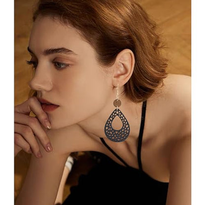 NONQL Handmade Lightweight Bohemian Retro Hollow Wooden Round Earrings Boho Big Teardrop Oval Circle Dangle Earrings for Women Statement Geometric Jewelry