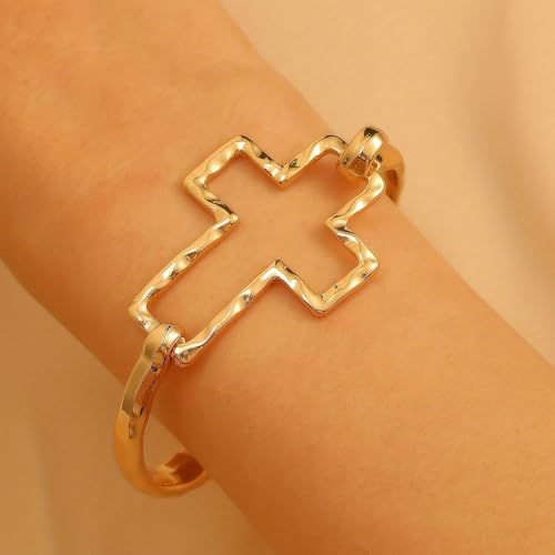 Gold Plated Textured Cross Cuff Bracelet for Women Open Hammered Cross Bangle Minimalist Statement Religious Jewelry Gift