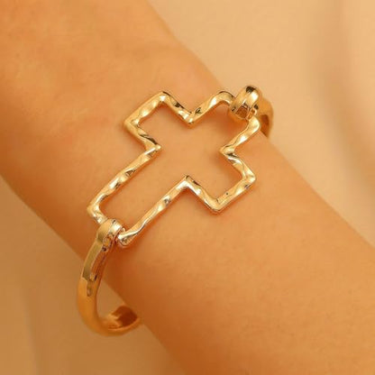 Gold Plated Textured Cross Cuff Bracelet for Women Open Hammered Cross Bangle Minimalist Statement Religious Jewelry Gift