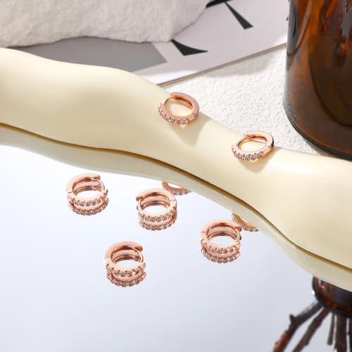 micuco 3 Pairs Small Hoop Earrings Tiny Cartilage Earrings for Women Men | Cubic Zirconia Earrings Huggie Hoop Ear Piercing Earrings for 8mm 10mm 12mm - color: 10# Rose Gold 8-8-8mm
