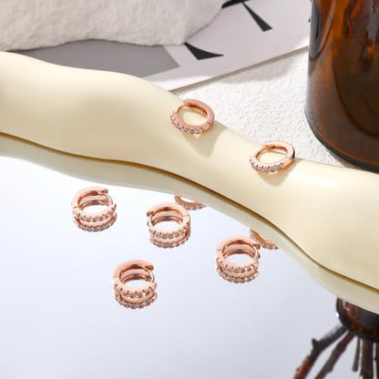 micuco 3 Pairs Small Hoop Earrings Tiny Cartilage Earrings for Women Men | Cubic Zirconia Earrings Huggie Hoop Ear Piercing Earrings for 8mm 10mm 12mm - color: 10# Rose Gold 8-8-8mm