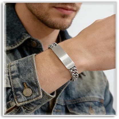Xusamss Mens Cuban Link Bracelet Stainless Steel Double Layer Chain Jewelry Heavy Blank Bar Design Link Bracelet for Men - color: White